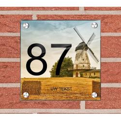 Molen achtergrond huisnummer bord met naam, foto ontwerpen 
