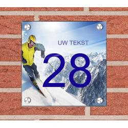 Wintersport ski achtergrond huisnummer bord met naam, foto ontwerpen